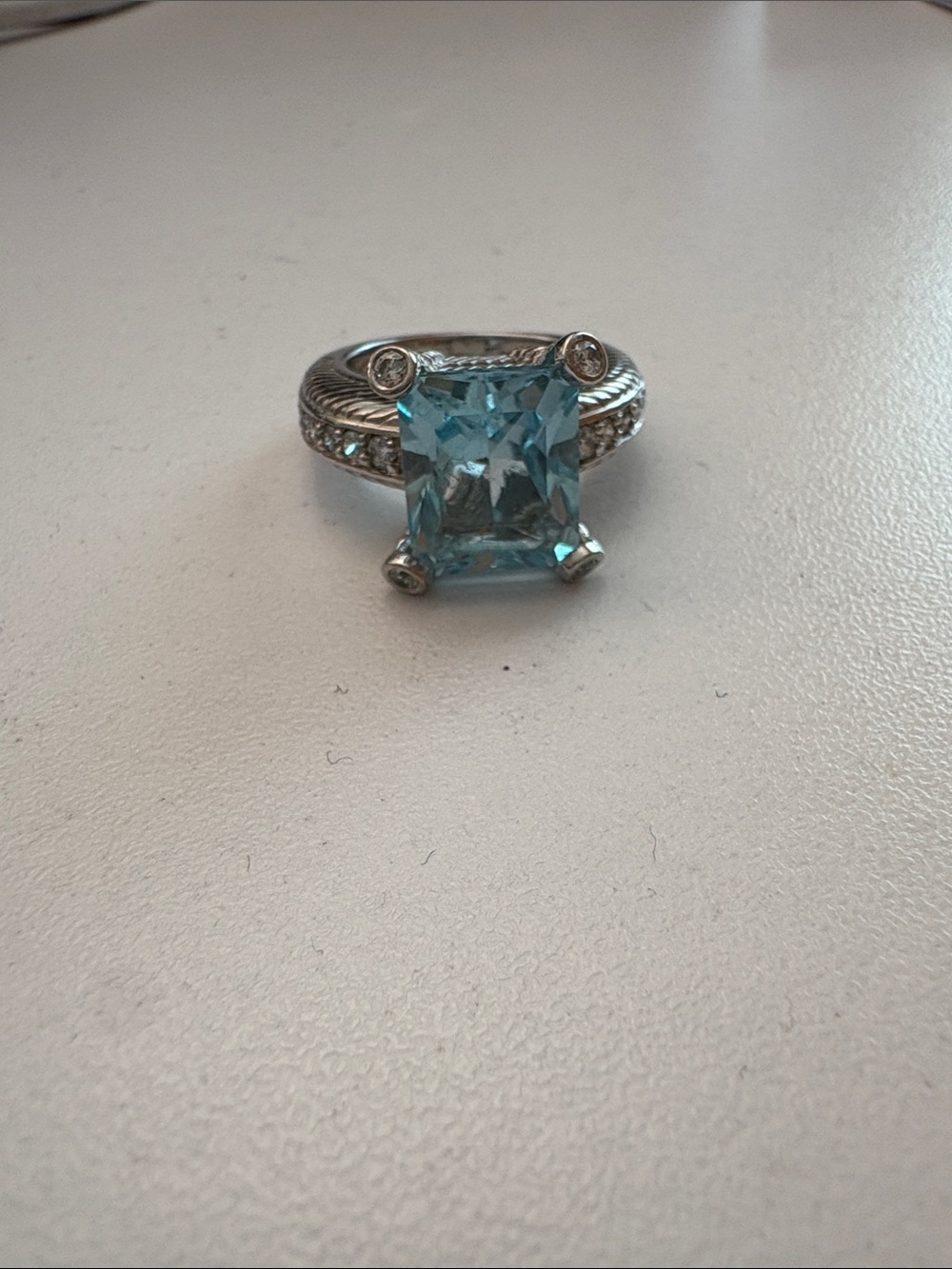Judith Ripka Silver Ring with Aquamarine-Blue Square Stone